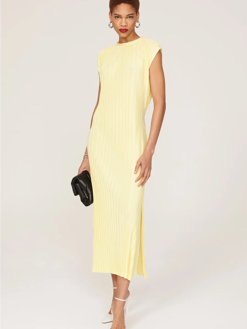 Atlein Yellow Plissé Pleated Midi Dress XL Sleeveless Stretch Minimalist